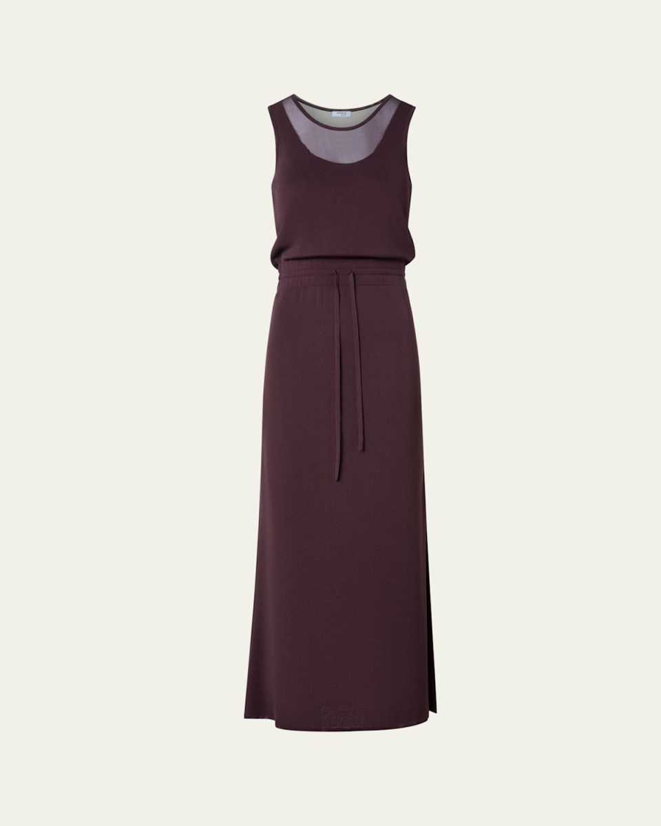 Sleeveless Layered Sheer Viscose Knit Drawstring Midi Dress